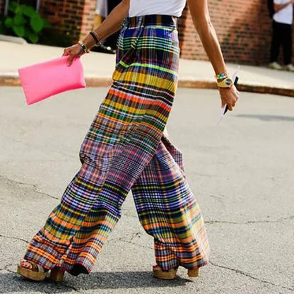 MULTI-COLORED PLAID HIGH WAIST PANTS