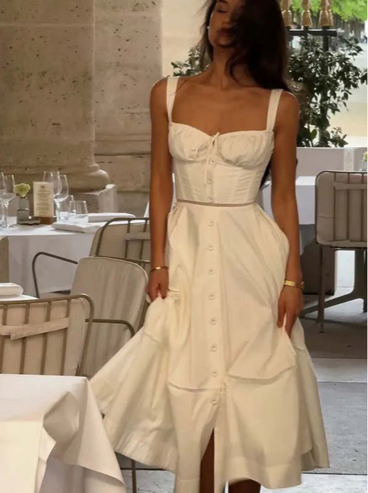 White cotton corset midi dress with lace-up back and front button details