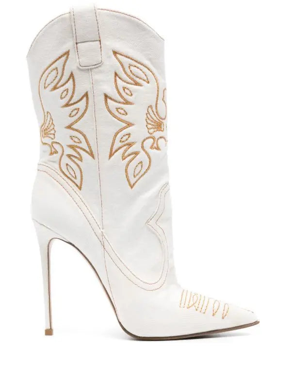 Denim Embroidered Stiletto Cowboy Boots – High Heel Western Fashion Statement