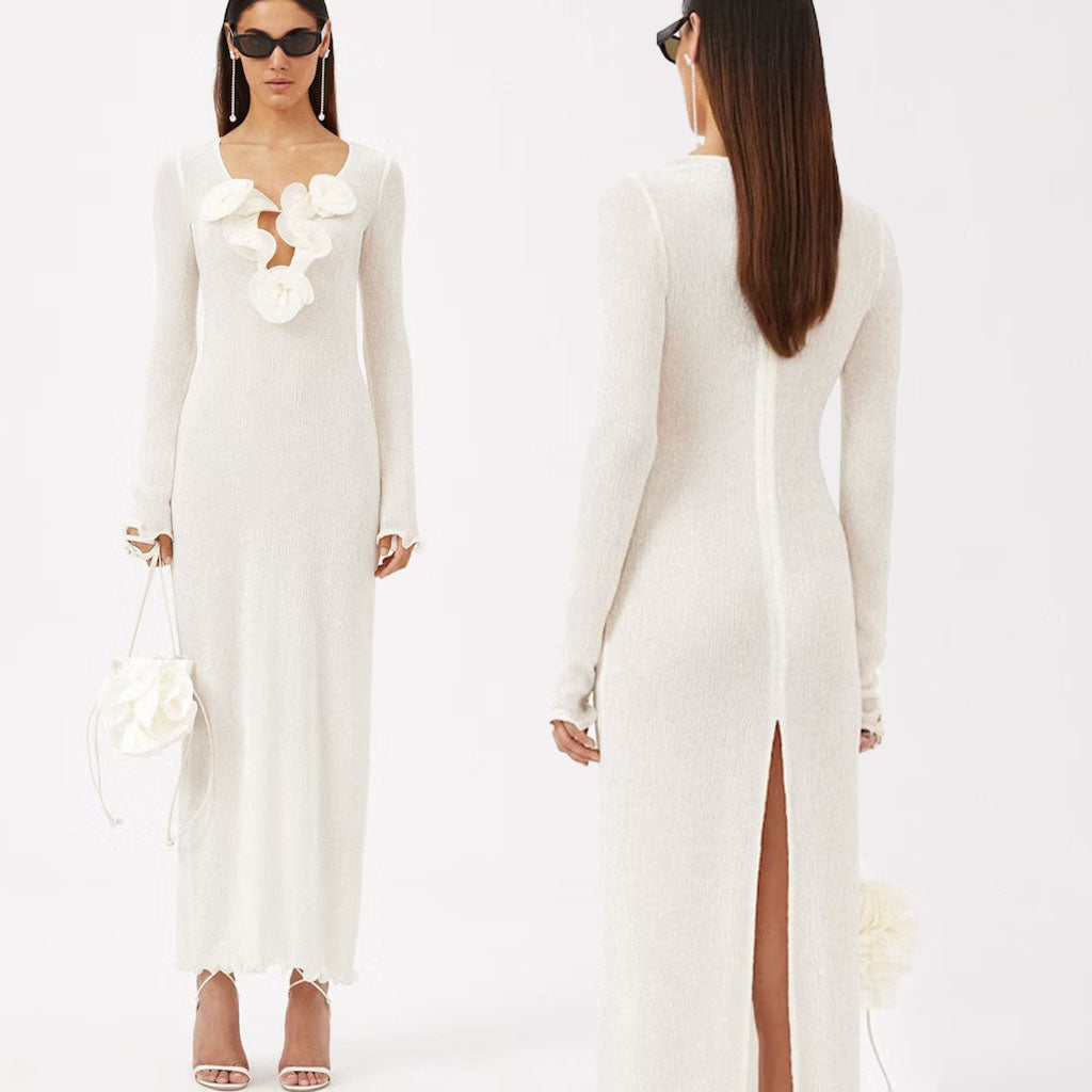 SAKURA MESH LONG SLEEVE MAXI DRESS with FLOWERS
