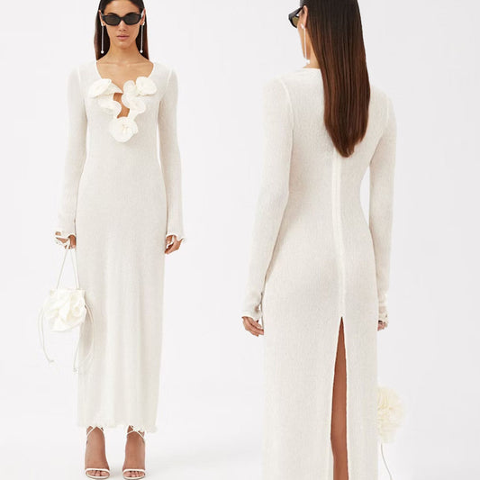 SAKURA MESH LONG SLEEVE MAXI DRESS with FLOWERS