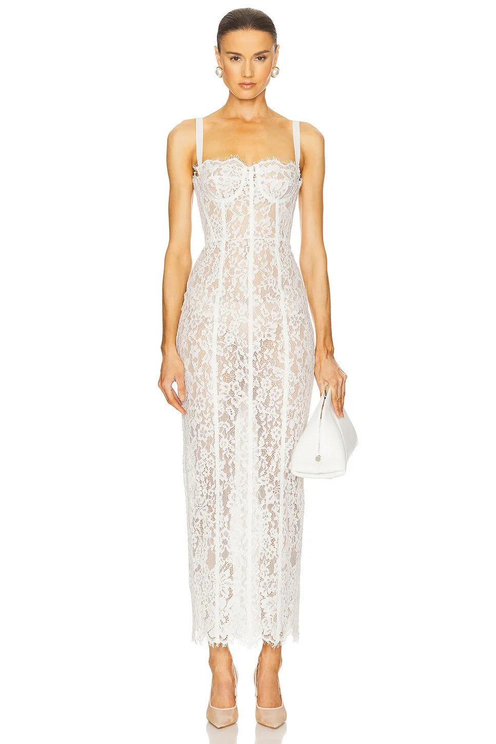 White lace spaghetti strap long slim party dress – full body view