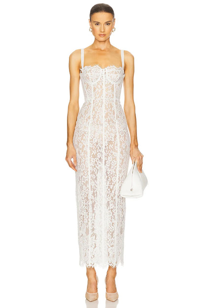 White lace spaghetti strap long slim party dress – full body view
