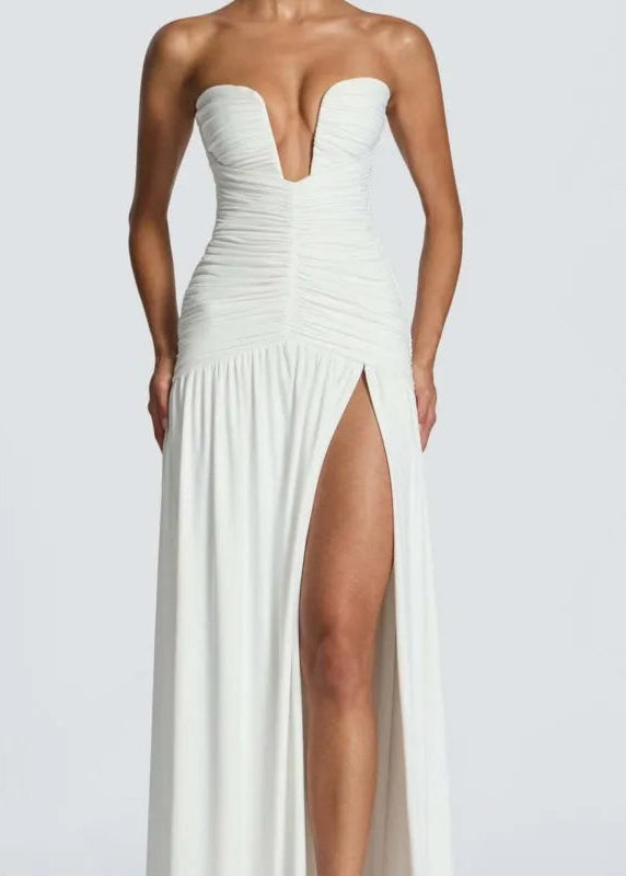 Elegant Deep V Strapless Ruched Maxi Dress