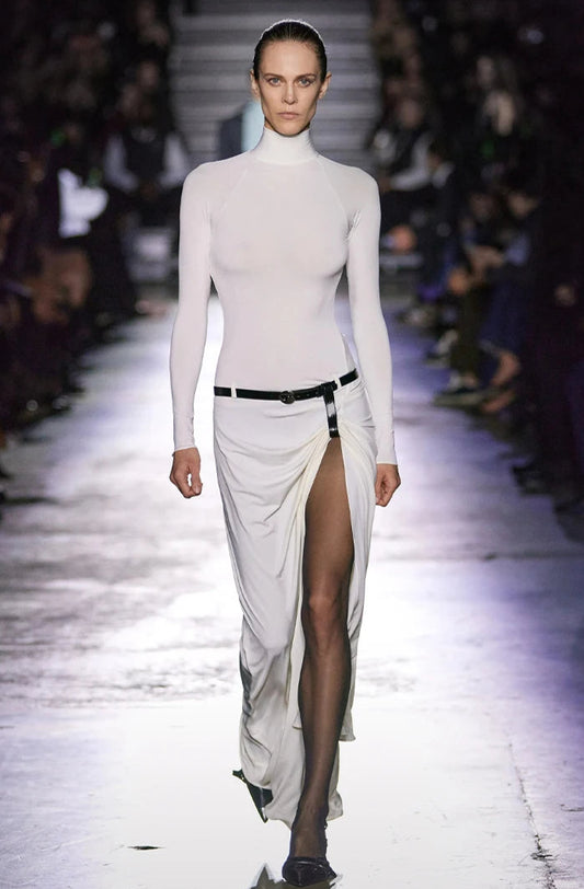 White Turtleneck Long Sleeve Slit Maxi Dress – Elegant Evening Gown for Parties & Fashion Events