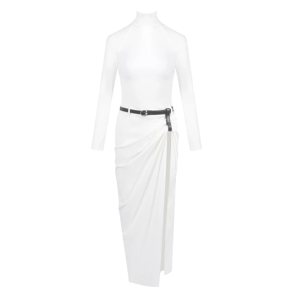 White Turtleneck Long Sleeve Slit Maxi Dress – Elegant Evening Gown for Parties & Fashion Events