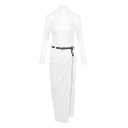 White Turtleneck Long Sleeve Slit Maxi Dress – Elegant Evening Gown for Parties & Fashion Events