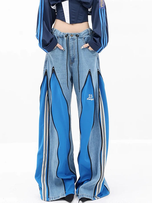 Wide leg contrast zipper jeans for women in blue with high waist fit
