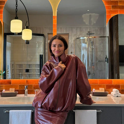 Vintage PU Leather Jacket and Skirt Set for Women – High Neck Long Sleeve Coat + Midi Skirt | Autumn Winte Outfit