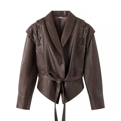 Brown leather jacket with a tie waist on a white background