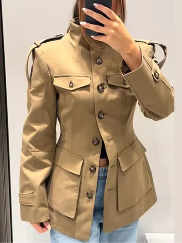 Khaki Stand Collar Trench Coat – Elegant Waist-Length Jacket with Pockets & Button Closure