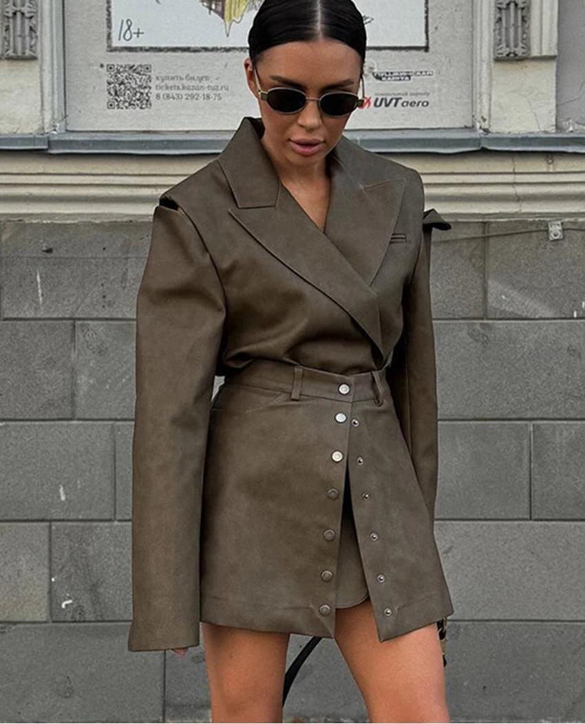 Khaki Blazer and Mini Skirt Set for Women – Elegant Two-Piece Outfit with Long Sleeve Jacket | Office & Party Wear