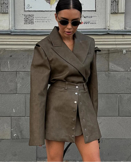 Khaki Blazer and Mini Skirt Set for Women – Elegant Two-Piece Outfit with Long Sleeve Jacket | Office & Party Wear