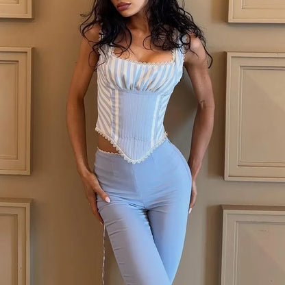 Light Blue Lace Trim Striped Corset Cami Top for Women