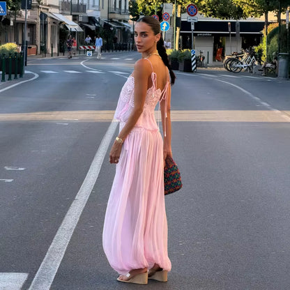 Floral Lace Pleated Wide-Leg Beach Set