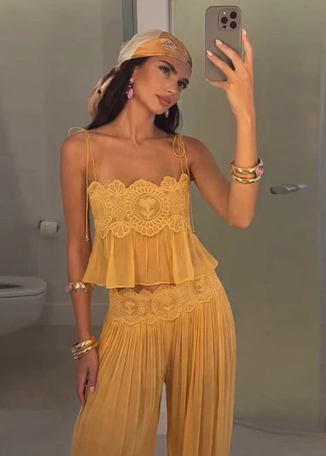 Floral Lace Pleated Wide-Leg Beach Set