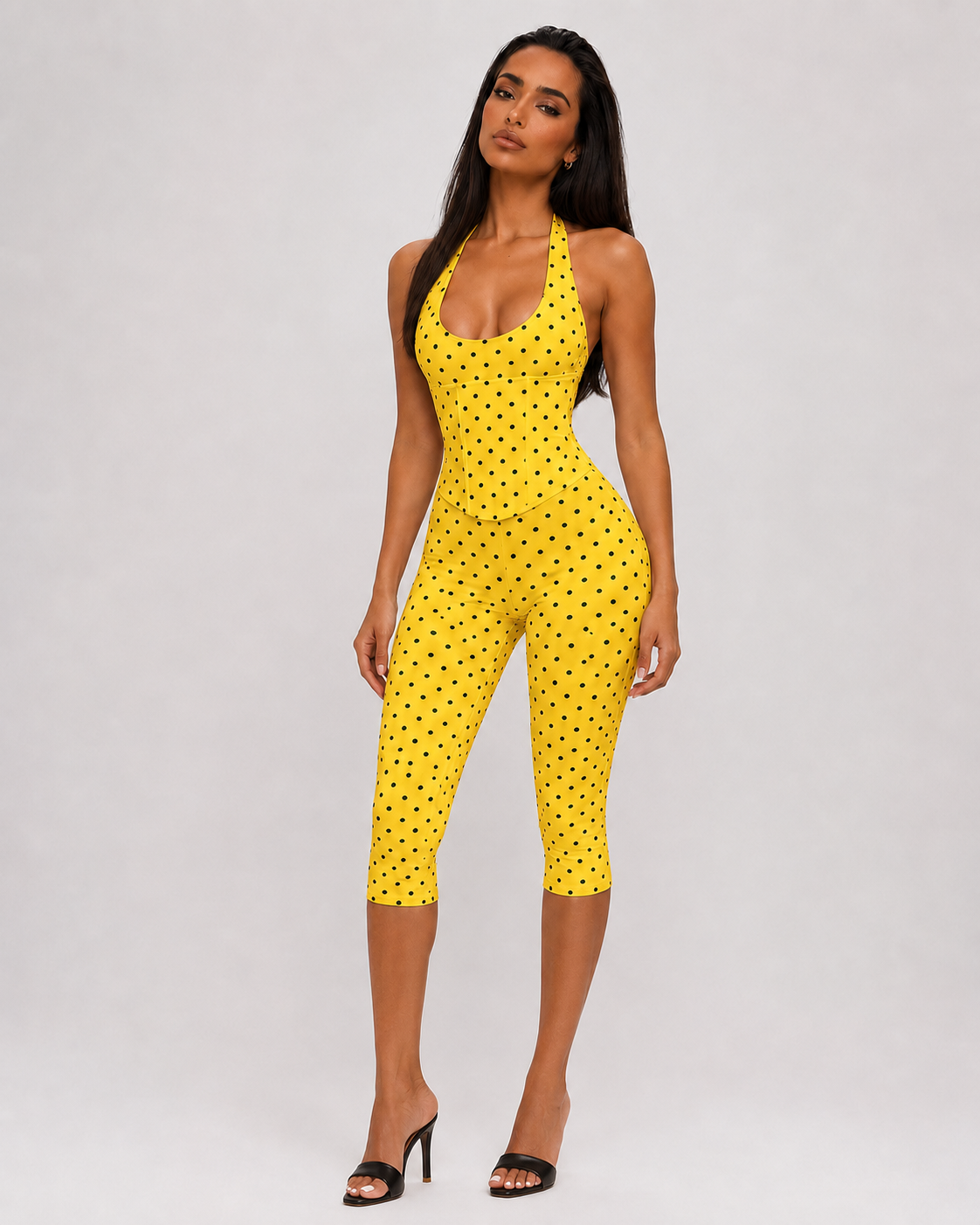 White Polka Dot Halter Jumpsuit Backless Corset Capri Romper