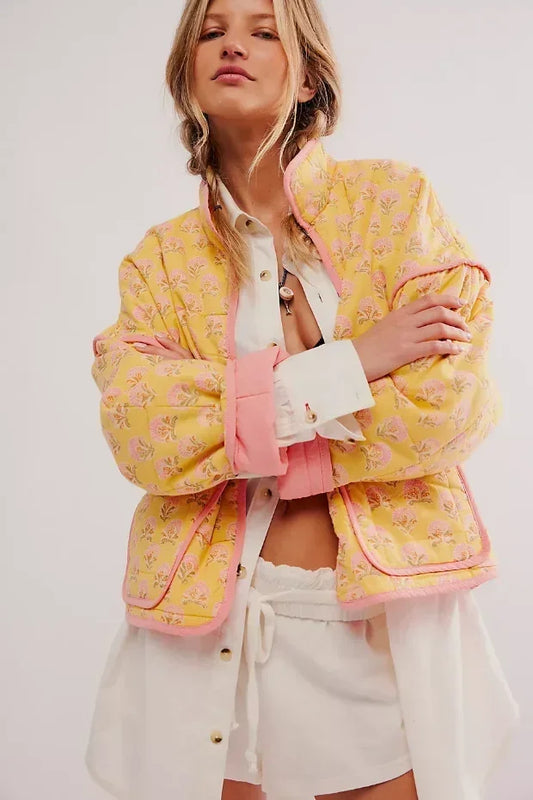 Yellow floral quilted cotton jacket with V neck and single-breasted design
