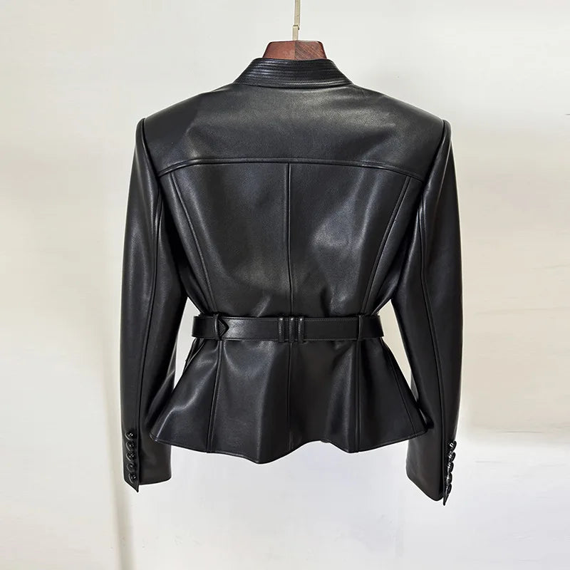 Black Belted Faux Leather Moto Jacket With Gold Buckle