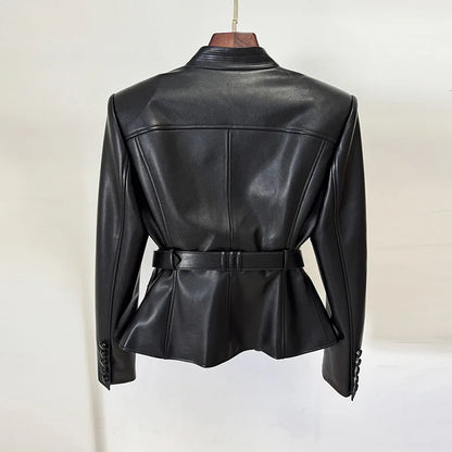 Black Belted Faux Leather Moto Jacket With Gold Buckle