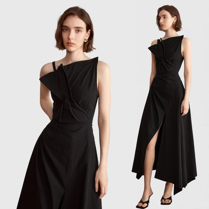 IRREGULAR MIDI DRESS with FRONT SLIT - Black