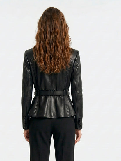 Black Belted Faux Leather Moto Jacket With Gold Buckle