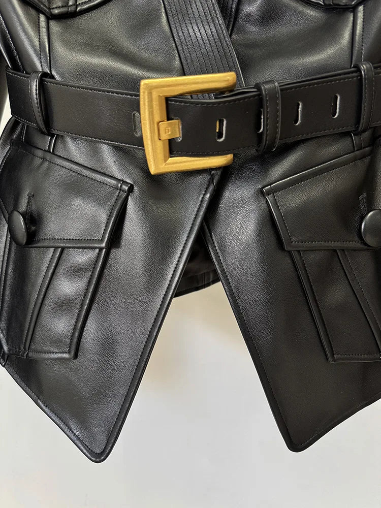 Black Belted Faux Leather Moto Jacket With Gold Buckle