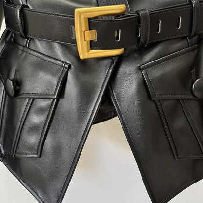 Black Belted Faux Leather Moto Jacket With Gold Buckle