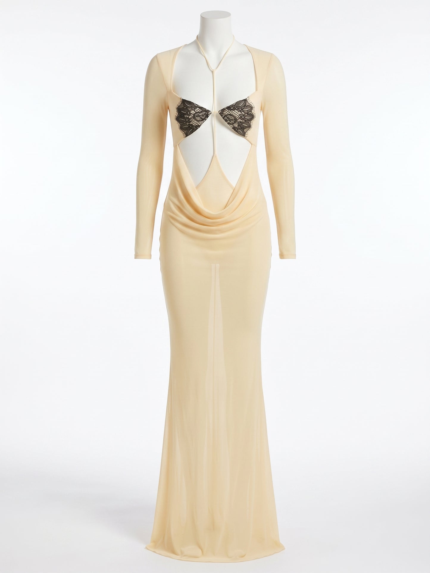 Model wearing a butter yellow sheer bodycon maxi dress with black lace bust panels