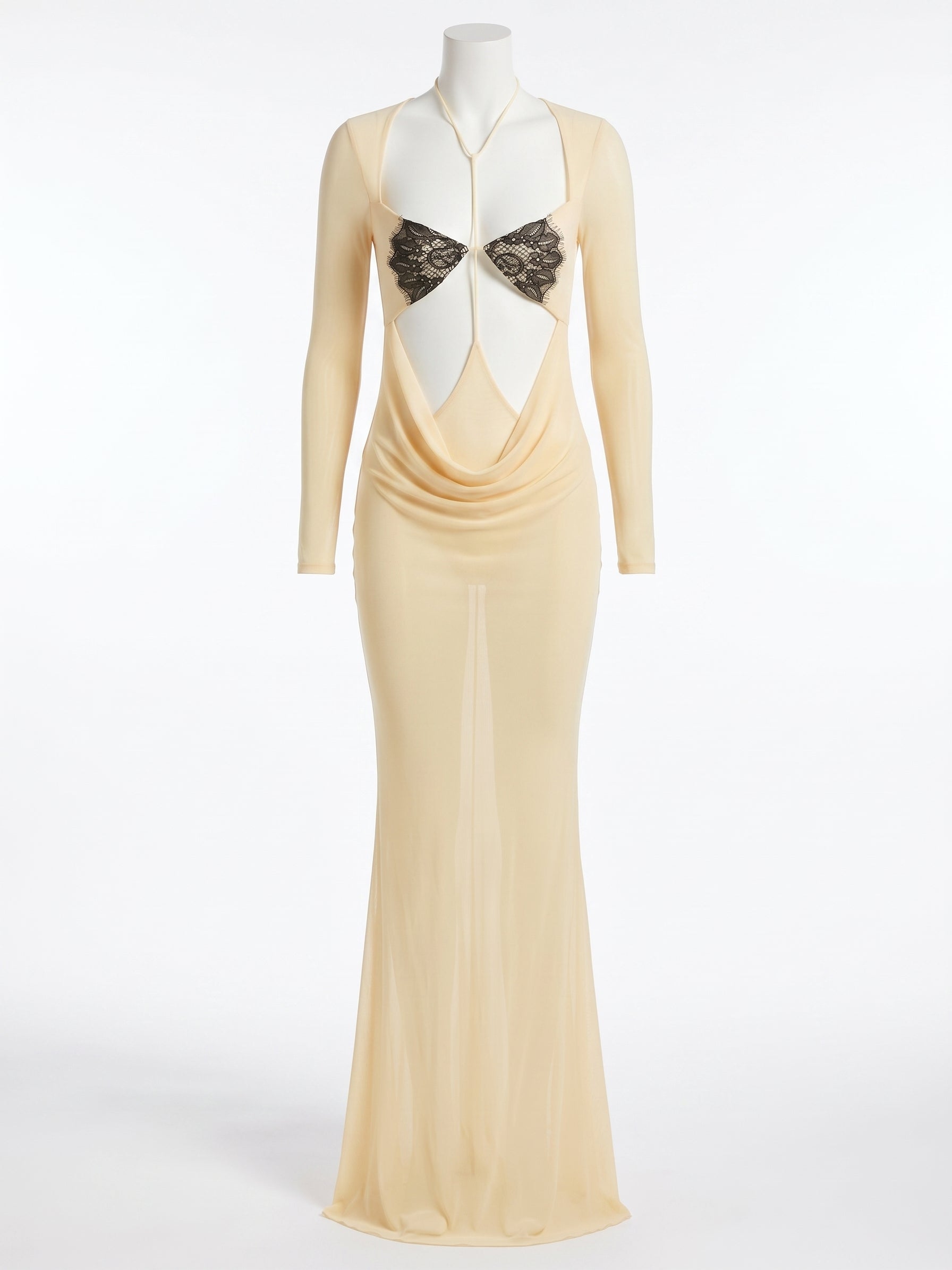 Model wearing a butter yellow sheer bodycon maxi dress with black lace bust panels