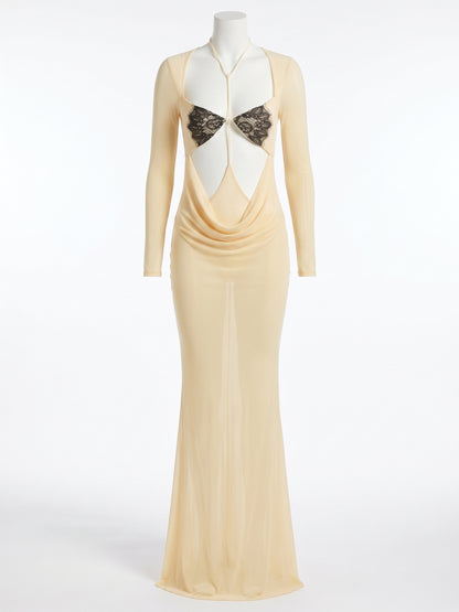 Model wearing a butter yellow sheer bodycon maxi dress with black lace bust panels
