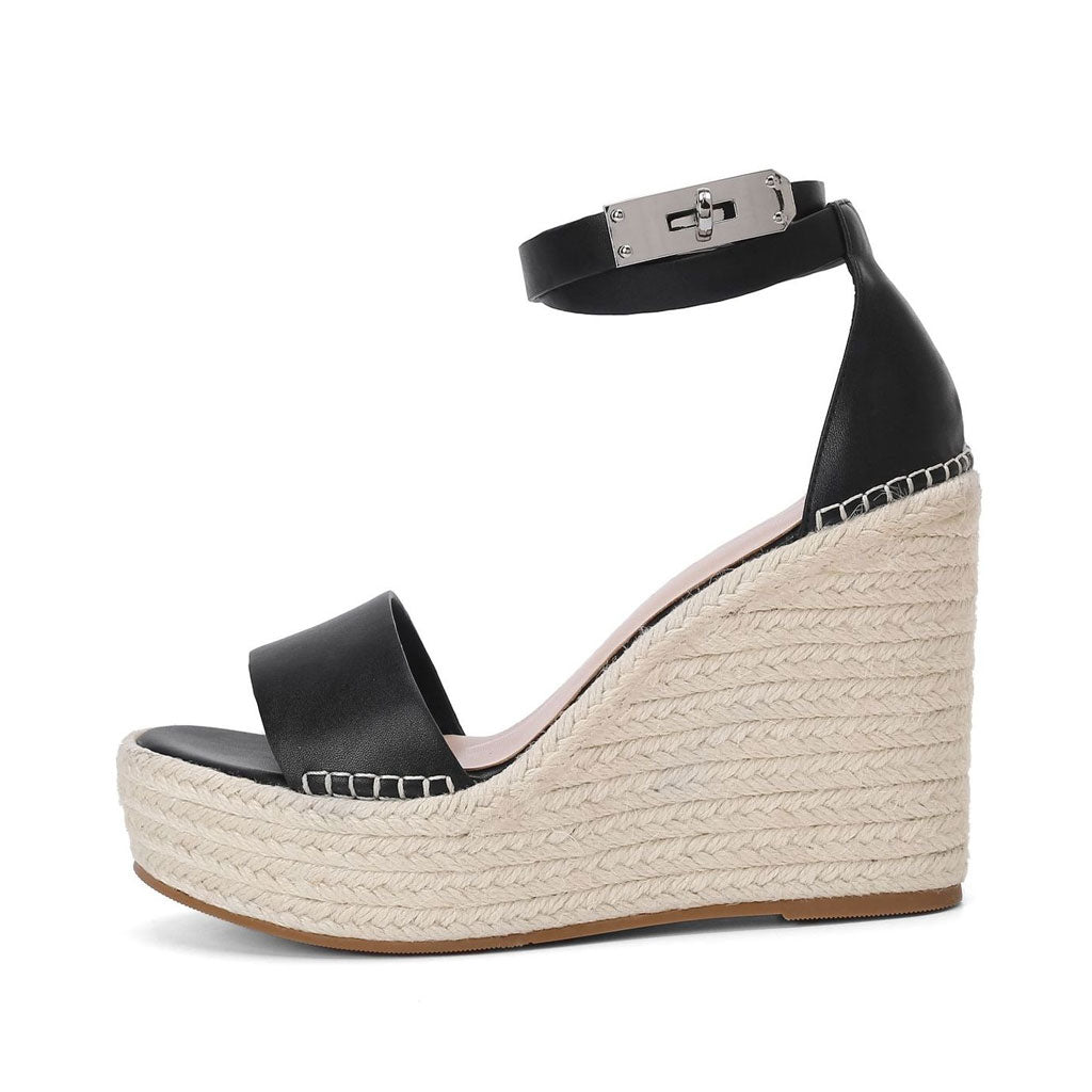 Casual Ankle Strap Platform Open Round Toe Wedge Espadrilles - Black