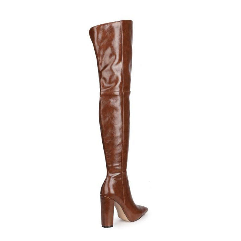 Chic Faux Leather Over Knee Pointed Toe Block Heel Boots - Brown