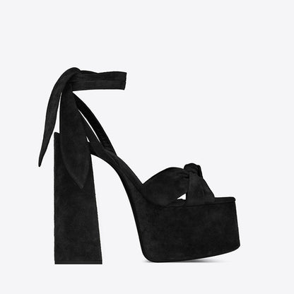 Chic Knot Suede Open Toe Ankle Tie Block Heel Platform Sandals - Black