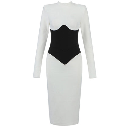 Contrast High Neck Long Sleeve Slit Midi Bandage Dress - White