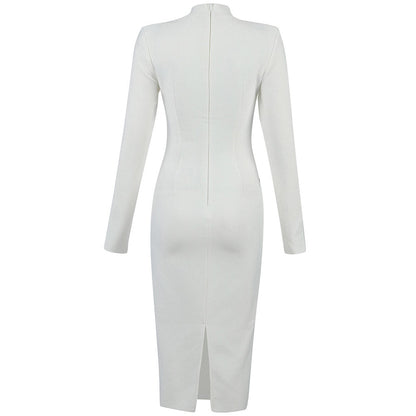 Contrast High Neck Long Sleeve Slit Midi Bandage Dress - White