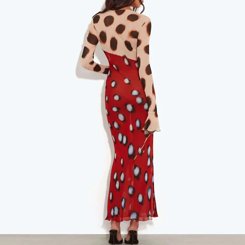 Mixed Print Lace Up Maxi Dress With Flared Sleeves
