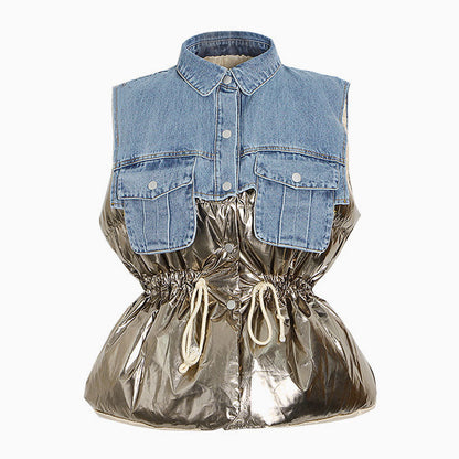 Cool Denim Collar Button Down Deconstructed Hybrid Metallic Puffer Vest - Gold