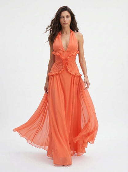 Orange Backless Halter V Neck Ruffles Patchwork Maxi Dress