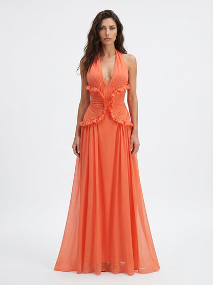 Orange Backless Halter V Neck Ruffles Patchwork Maxi Dress