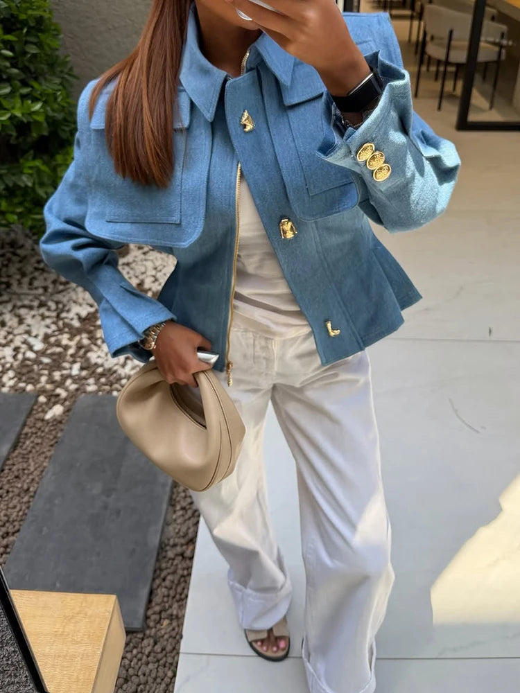 Structured Cinched-Waist Cropped Denim Jacket