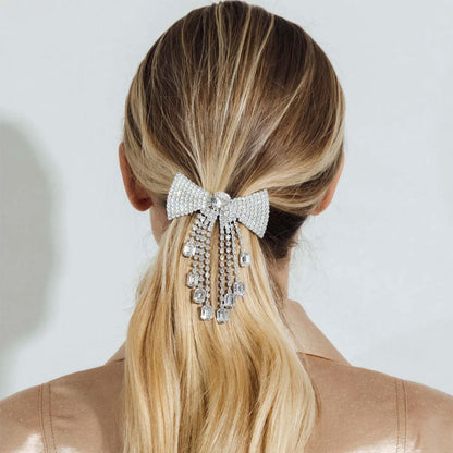 Elegant Fringe Crystal Embellished Bow Barette Hair Accessory - Silver