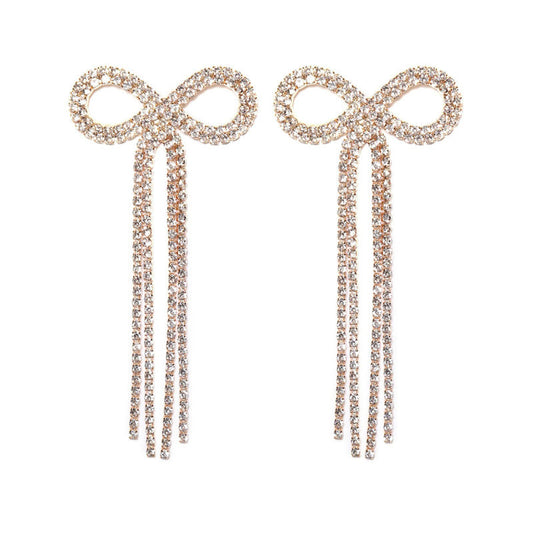 Elegant Rhinestone Embellished Bow Fringe Long Drop Earrings - Silver