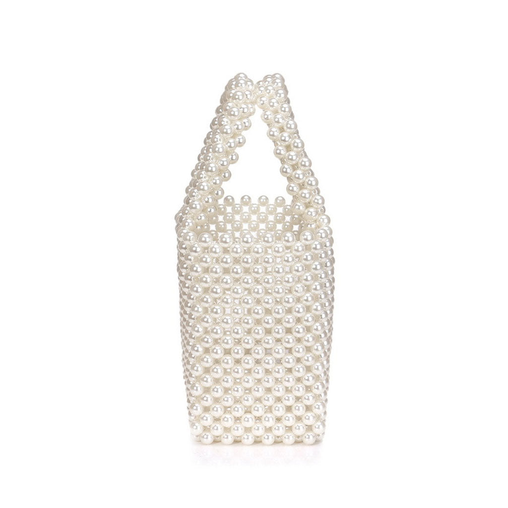 Elegant Top Handle Hand-Woven Pearlized Beaded Clutch Bag - White