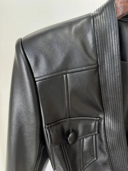 Black Belted Faux Leather Moto Jacket With Gold Buckle