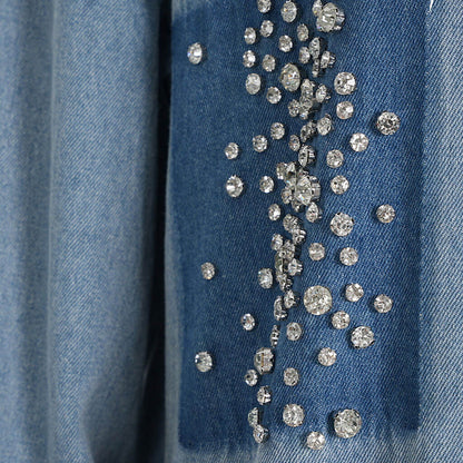 Glittering Rhinestone Long Sleeve Collared Button Front Oversized Denim Shirt