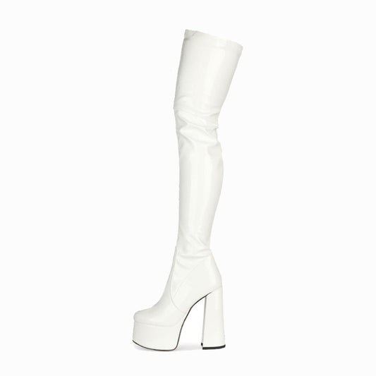 Glossy Patent Leather Over Knee Platform Block Heeled Boots - White