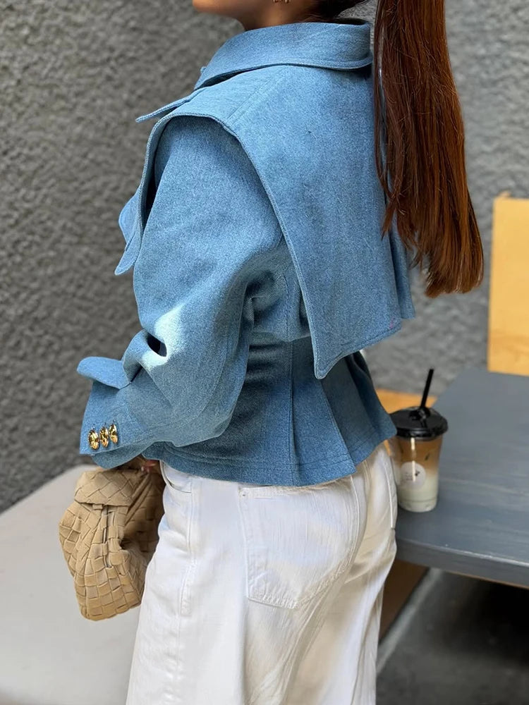 Structured Cinched-Waist Cropped Denim Jacket