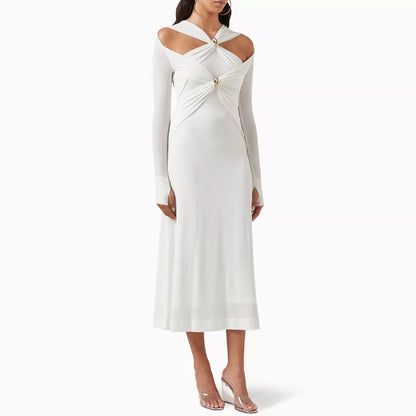 Graceful Metallic Accent V Neck Ruched Cutout Long Sleeve Sweater Midi Dress