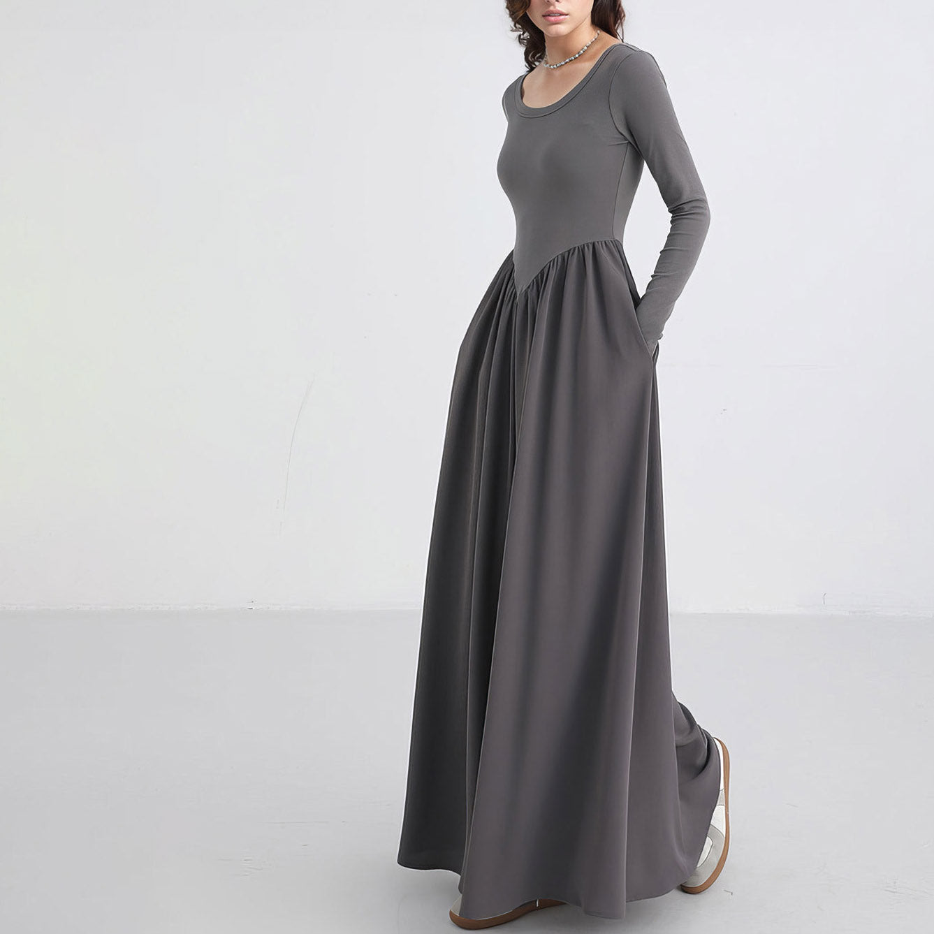 GREY MAXI DRESS with V WAISTLINE